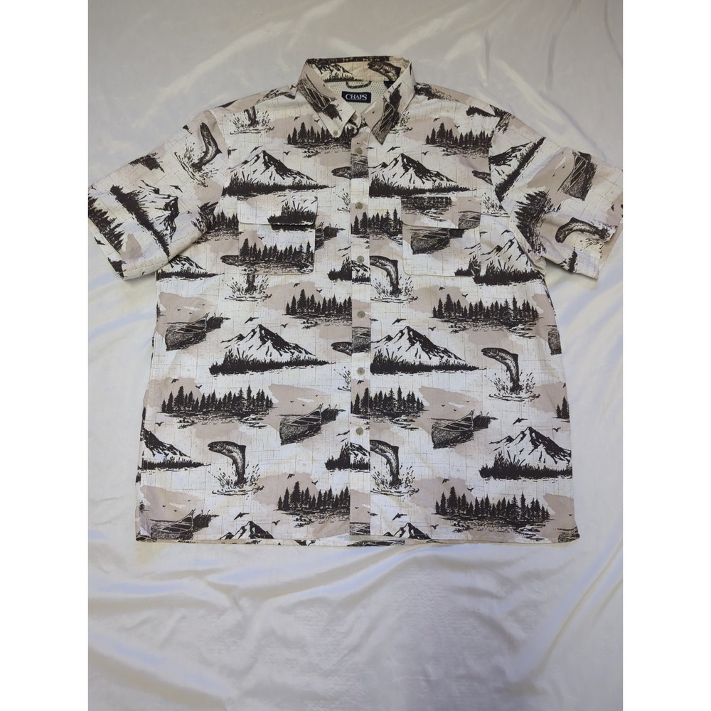 Chaps Men's Button Down Short Sleeve Shirt XXL Mountain Fishing Print Outdoor